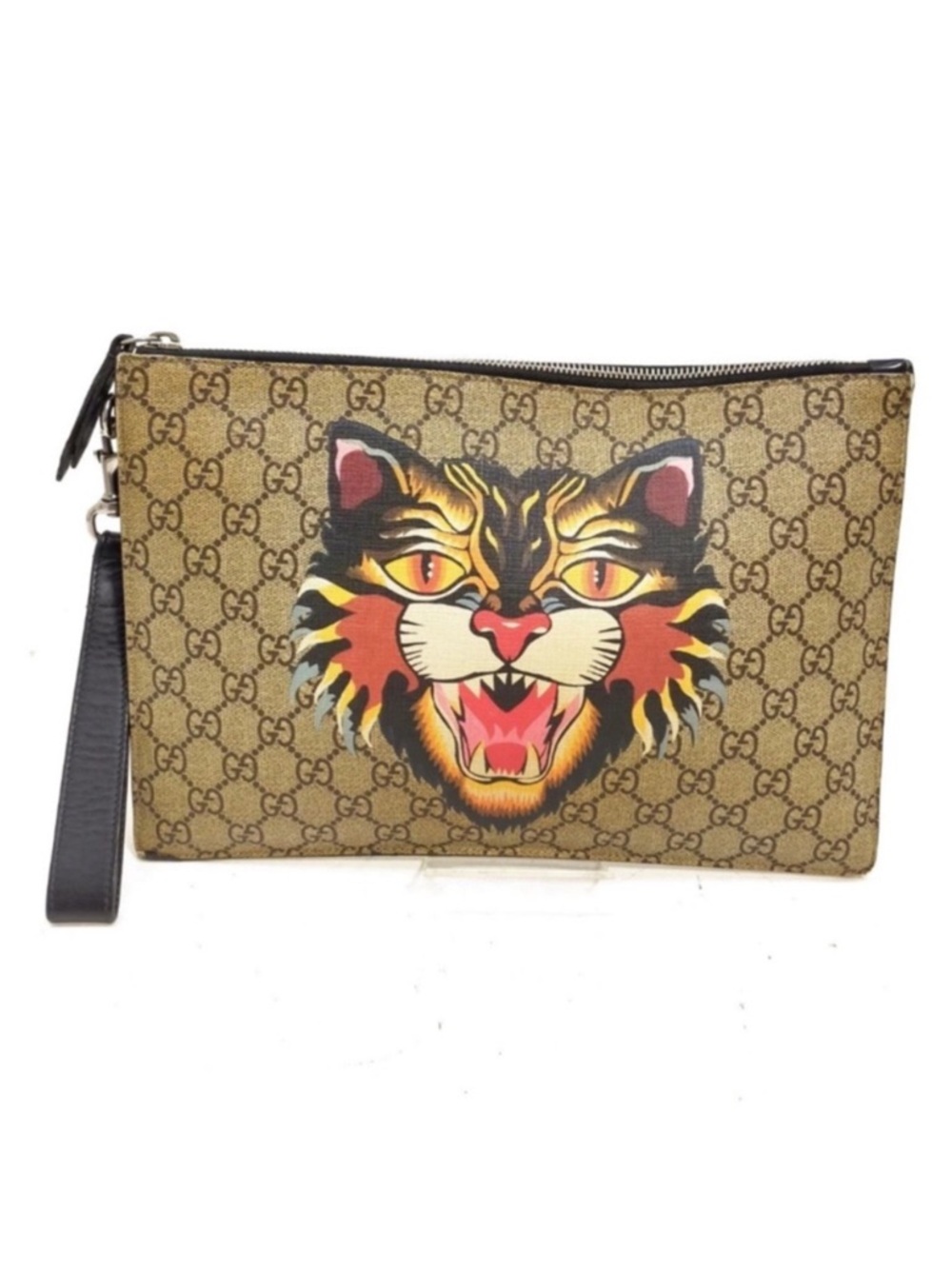 Gucci Angry Cat GG Coated Canvas Clutch Wristlet Large